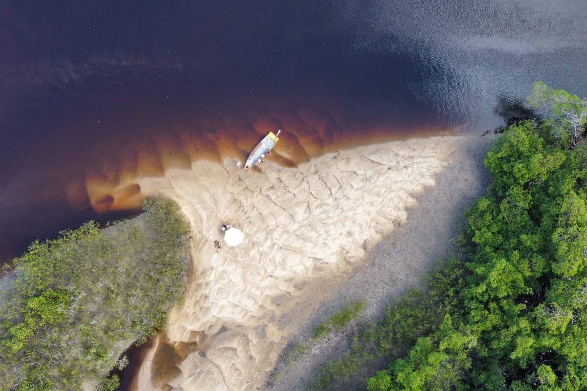 A ponta de areia do Rio Corumbau vista do alto, com o barco encostado e o manguezal dos dois lados